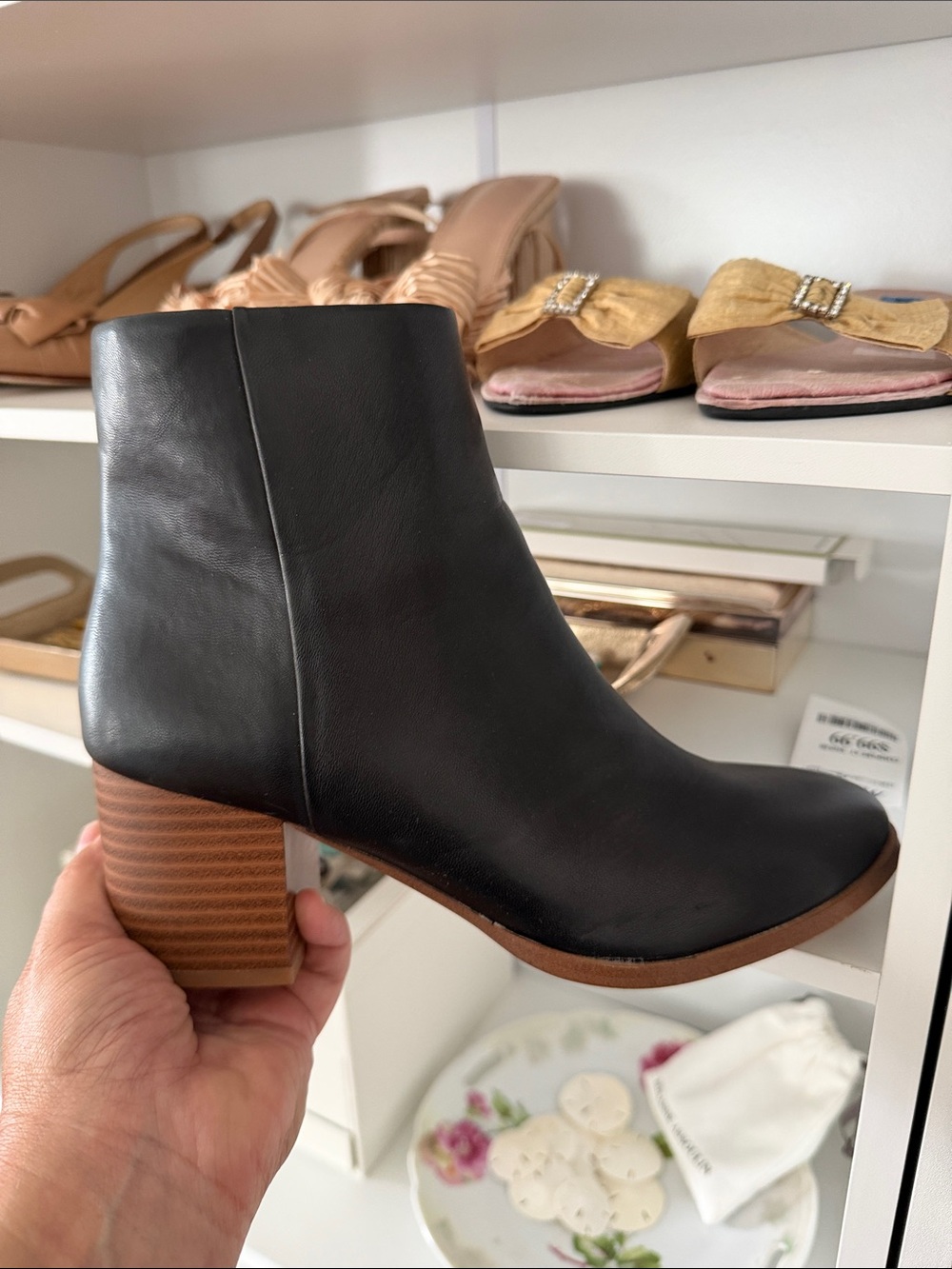 J. Crew Black Leather Ankle Boot with Stacked Wood Heel